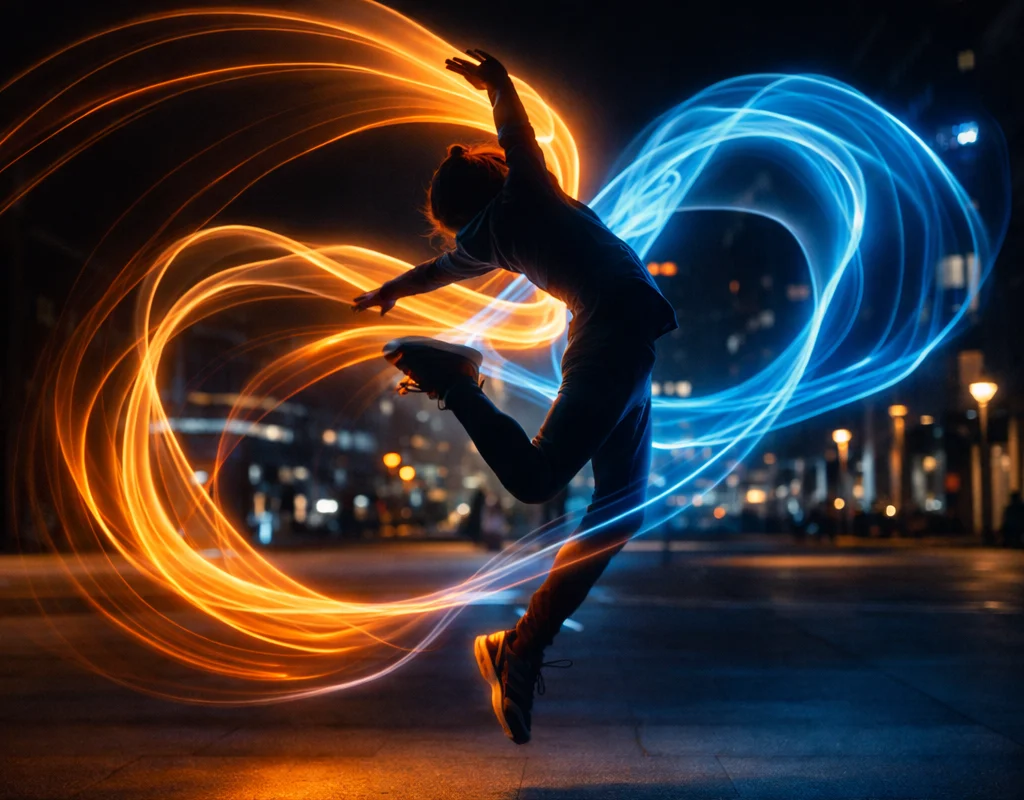 Man's silhouette surrounded by electric light swirl effects