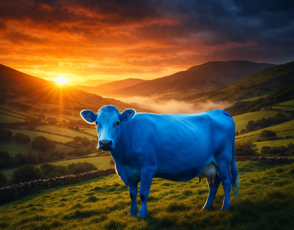 Surreal blue cow standing in Irish pasture
